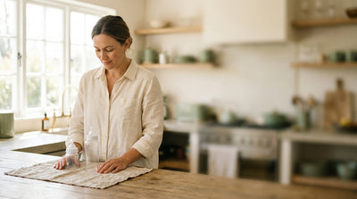 A mother drying two clean baby bottles of different sizes on a kitchen counter, one short and one tall