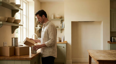 A father at a kitchen counter sorting through unopened sealed tins and boxes of baby formula