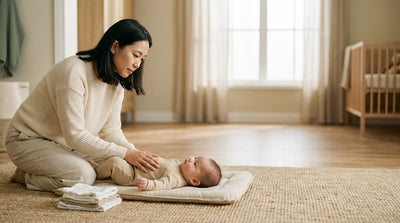 A mother kneeling beside her baby on a changing mat, one hand resting gently on the baby's tummy