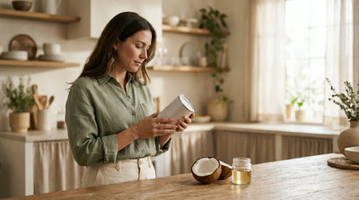 A mother reading the ingredients on a tin of baby formula, a halved coconut and a jar of oil on the counter beside her