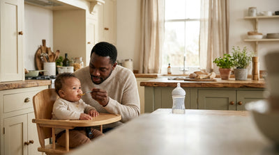 A father offering a spoonful of purée to his six month old in a high chair, a bottle standing on the counter behind them