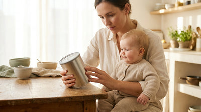A mother at a kitchen table turning a tin of baby formula to read the side, her baby on her lap