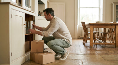 A father crouching to stack a bulk delivery of formula tins into a kitchen cupboard