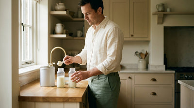 A father making up two identical bottles at once at the kitchen counter with a level scoop
