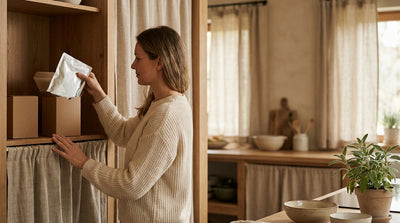 A mother sliding a sealed sachet of formula back into its box in a cool, dry cupboard
