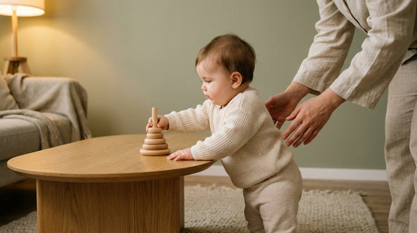 9 month old baby pulling to stand at a low table with a stacking toy