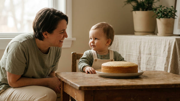 Father at the table with his 1 year old and a first birthday cake
