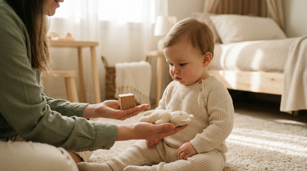 Parent handing a wooden block to their 15 month old toddler