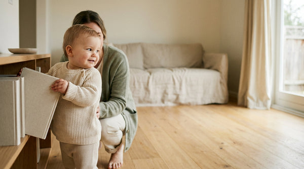 16 month old toddler carrying a book across the living room