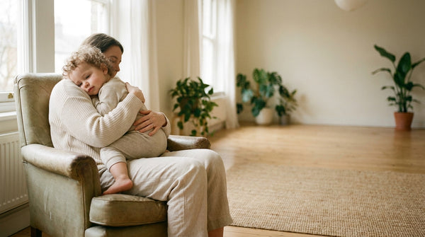 18 month old toddler asleep against a parent in an armchair