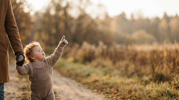 21 month old toddler pointing ahead on an autumn path, holding a parent's hand