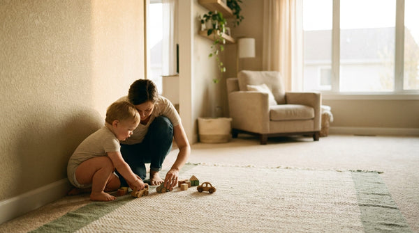 22 month old toddler crouching to play with wooden toys on the rug
