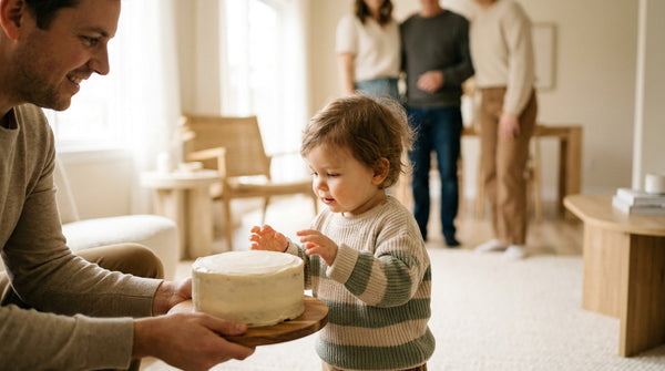 Parent holding a cake out to their 2 year old in the living room