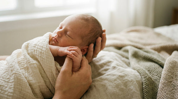 Newborn baby at 1 week old asleep, cradled in a parent's hands
