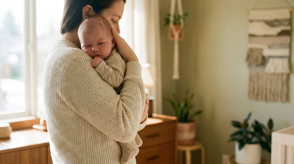 Mother holding her 3 week old baby upright against her shoulder by a window