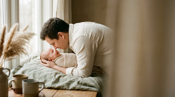 Father leaning close to his 5 week old baby lying on a soft changing surface