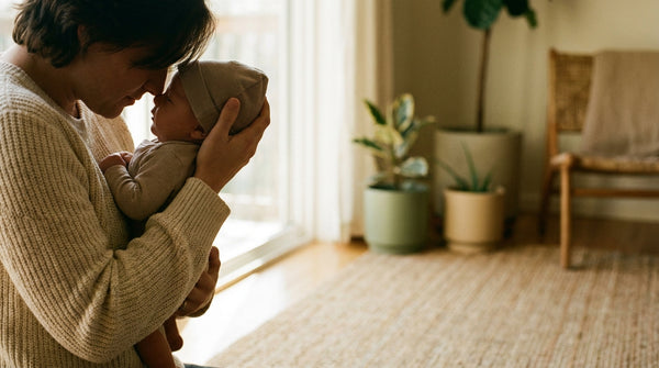 Mother holding her 8 week old baby close to her face in a sunlit room