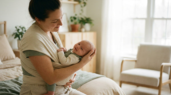 Mother carrying her 10 week old baby in a wrap in the living room