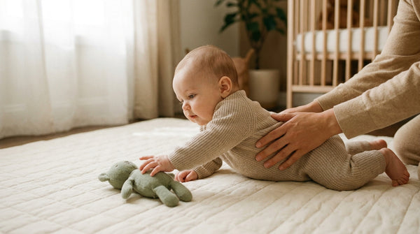 18 week old baby doing tummy time on a bed with a parent's hand supporting