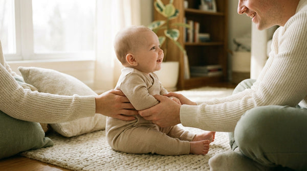 20 week old baby sitting supported by a parent's hands on a rug