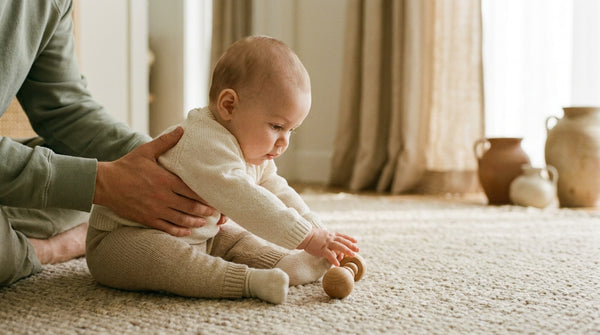 21 week old baby sitting on a rug reaching for a wooden ball with a parent supporting
