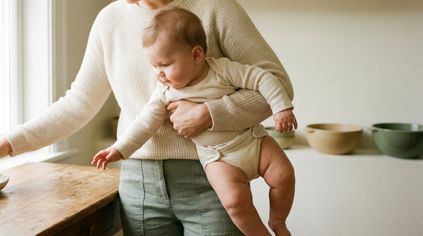 24 week old baby held standing at a wooden table, reaching for a bowl