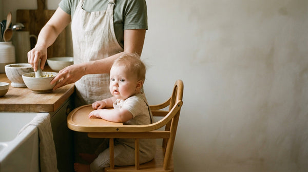 25 week old baby in a high chair while a parent prepares food nearby