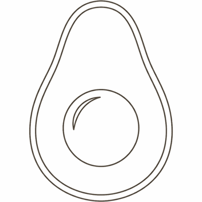 Line illustration of a halved avocado with its stone: at 16 weeks pregnant your baby is about the size of an avocado, roughly 12cm crown to rump
