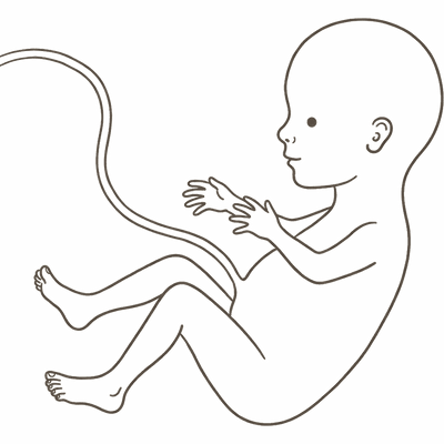 Line drawing of a 17-week foetus mid-roll, more active, with long slim limbs and forming toenails