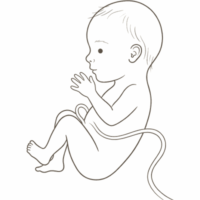Line drawing of a 23-week foetus with an open palm, the ridges that become fingerprints now forming
