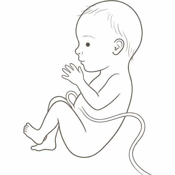 Line drawing of a 23-week foetus with an open palm, the ridges that become fingerprints now forming