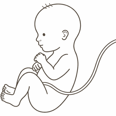 Line drawing of a 28-week foetus with full rounded limbs as fat builds under the skin